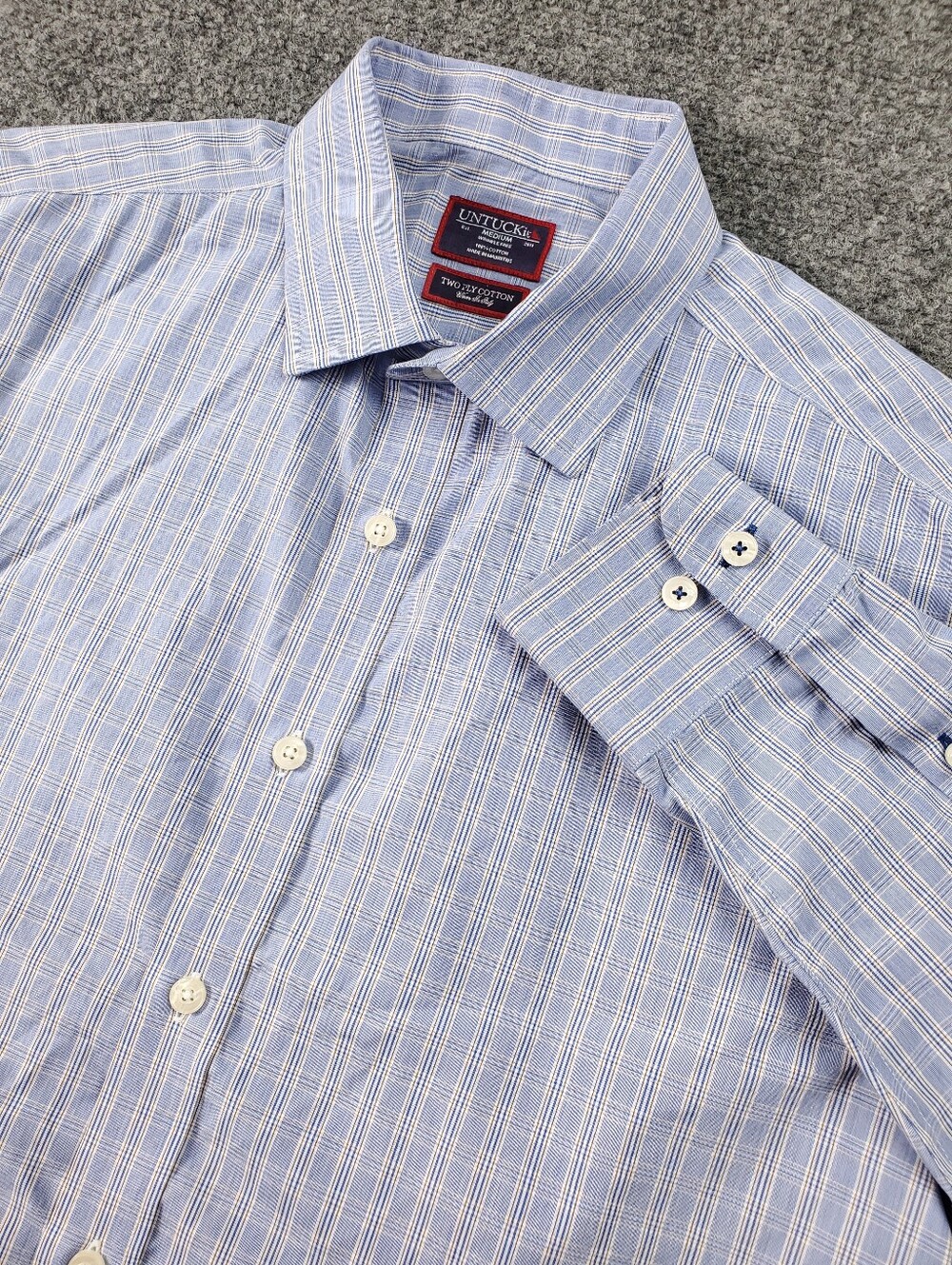 UNTUCKit Wrinkle Free Two Ply Cotton Dress Shirt Medium Redstone Plaid Blue